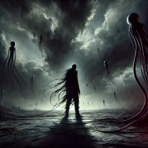 DALL·E 2024-10-20 13.36.37 - A dark, surreal scene with a menacing atmosphere. It features a lone figure standing in a desolate landscape under a stormy, ominous sky. The figure w